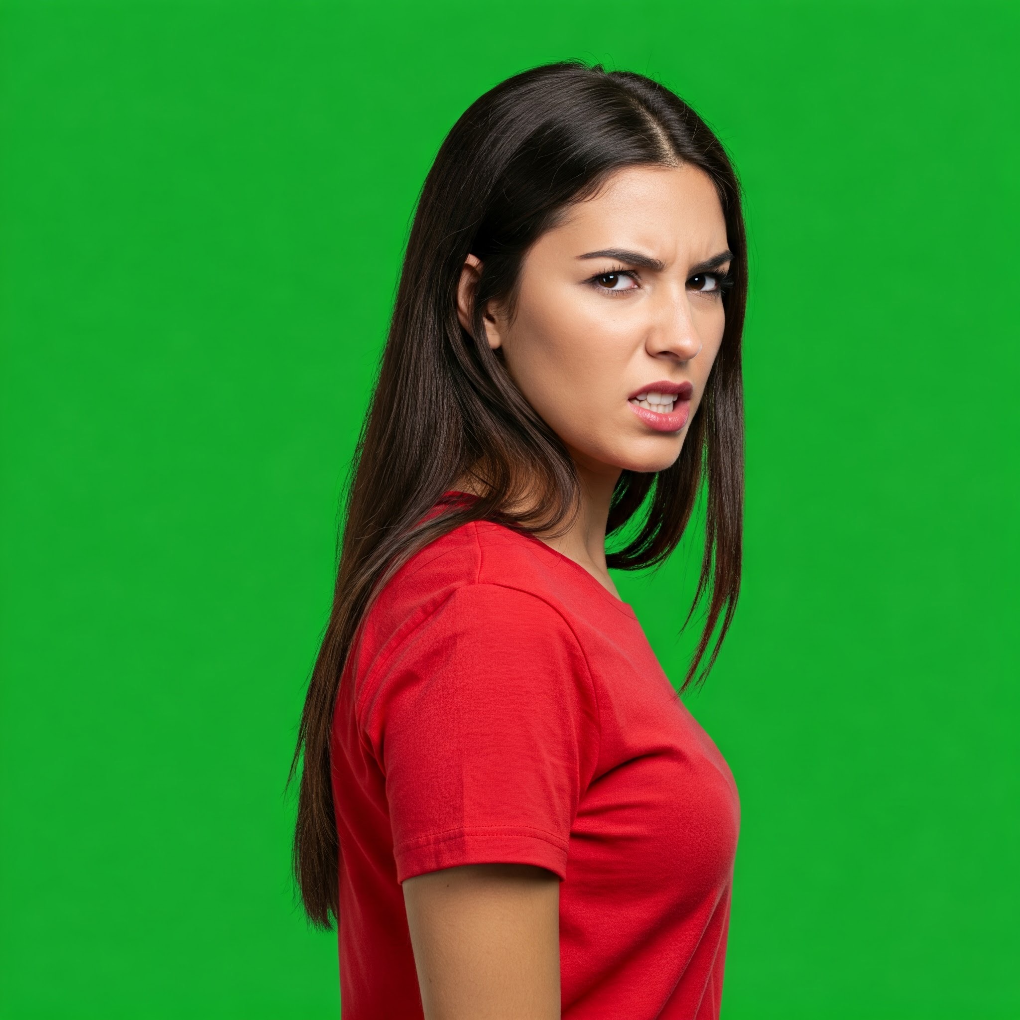photo of Suspicious Young Woman Looking Sideways Against Green Screen